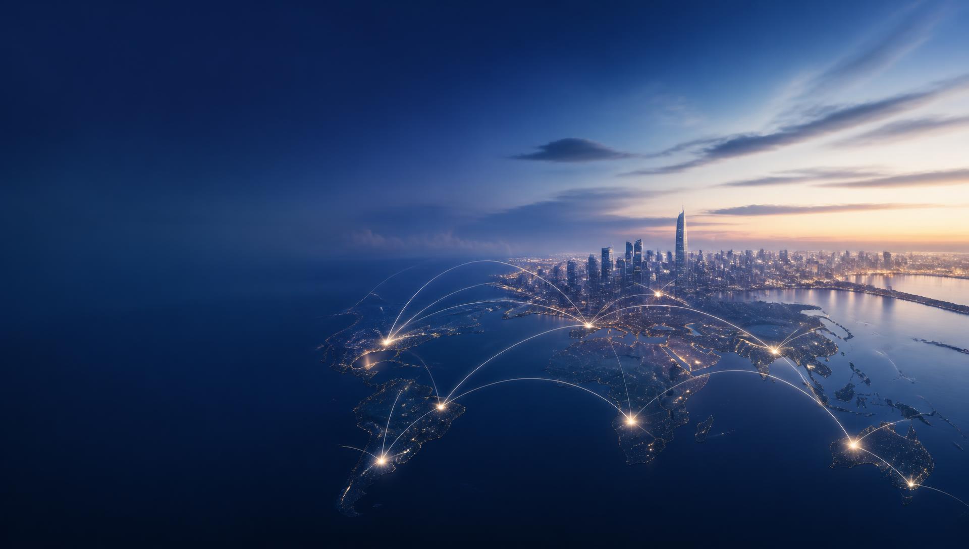 Global connection routes linking continents at dusk, representing international growth